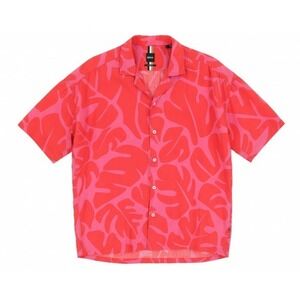 Hugo Boss Drew Camp Shirt Mens Medium Red Pink Palm Leaf Print Relaxed Fit